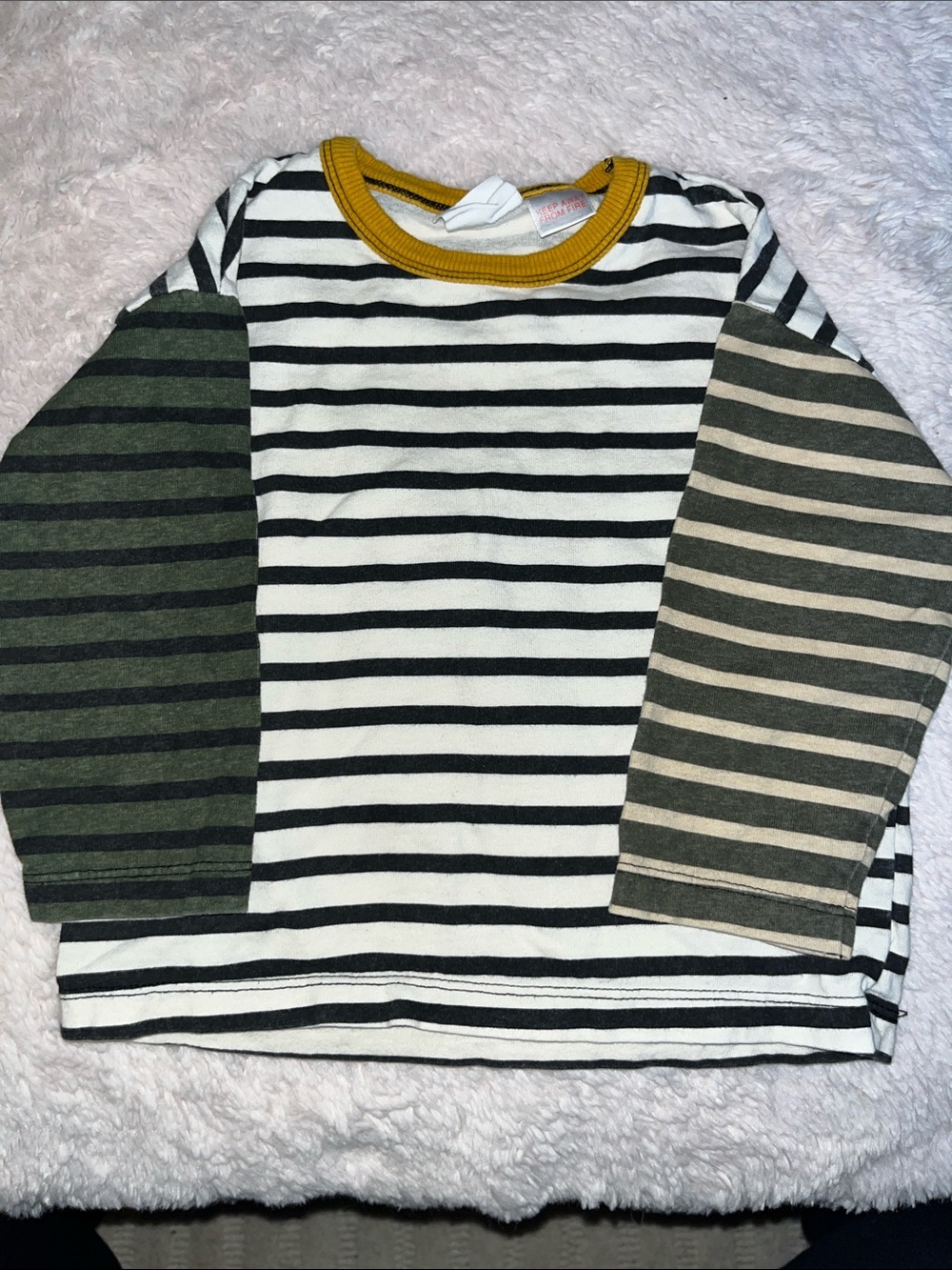 Zara Black & White Striped Long Sleeve Tee with Green Contrast Sleeves